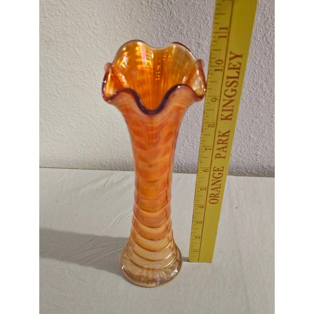 Vintage Marigold Carnival Glass Ruffled Ribbed Trumpet Bud Vase 10.25 Inch